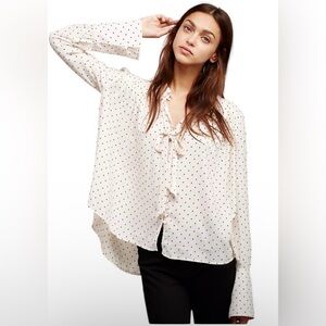 Free People Kennedy New World Cream Polka Dot Boho Button Blouse Size Large